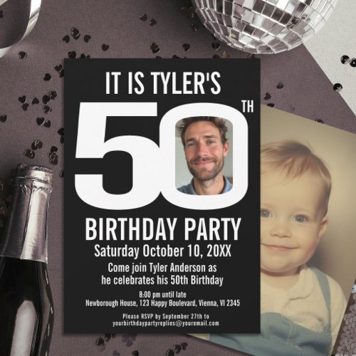 50th Birthday party black white photo Invitation