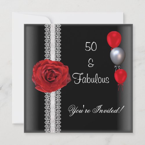 50th Birthday Party Black White Red Rose Invitation