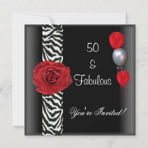 50th Birthday Party Black White Red Rose Zebra Personalized Announcement