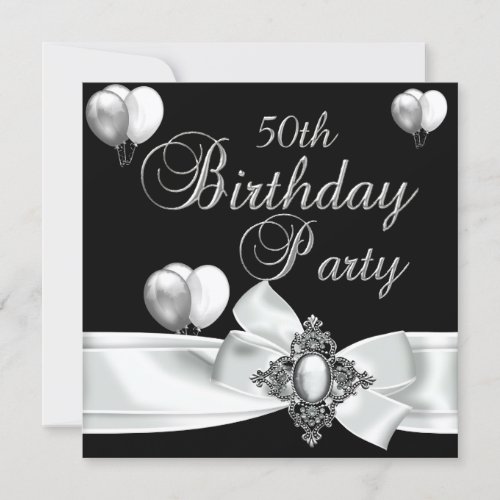 50th Birthday Party Black White Silver Balloons Invitation