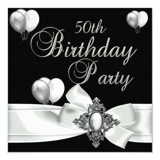 50th Birthday Party Black White Silver Balloons Invitation