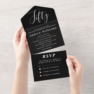 50th Birthday Party Black White Simple Modern All In One Invitation