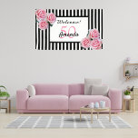 50th birthday party black white stripes florals banner<br><div class="desc">Elegant, glamorous and feminine for a 50th birthday party. Classic and chic slim black and white vertical stripes. Decorated with pink flowers, roses. Templates for a name and the age 50. With the text: Welcome! Girly and elegant! Black and pink letters. The name is written with a modern hand lettered...</div>