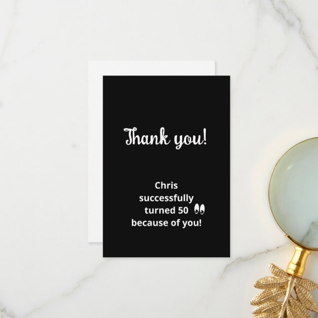 50th Birthday Party Black White Thank You Card (Front/Back In Situ)