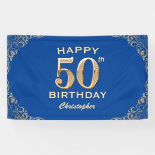 50th Birthday Party Blue and Gold Glitter Frame Banner