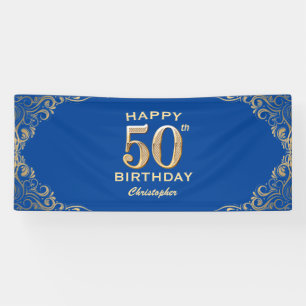 50th Birthday Party Blue and Gold Glitter Frame Banner