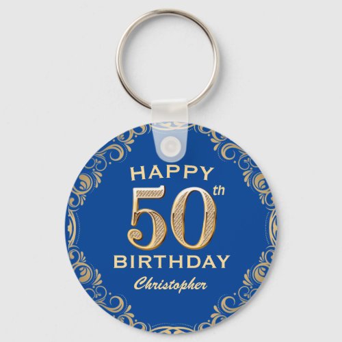 50th Birthday Party Blue and Gold Glitter Frame Keychain