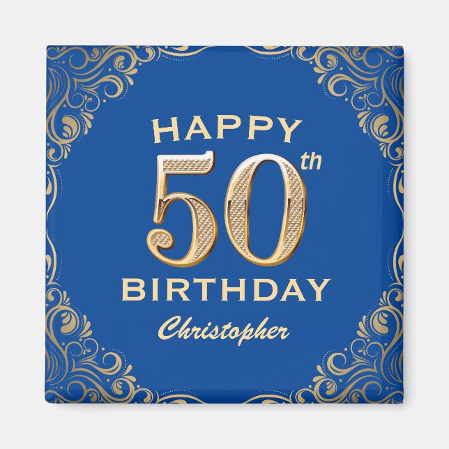 50th Birthday Party Blue and Gold Glitter Frame Magnet (Front)