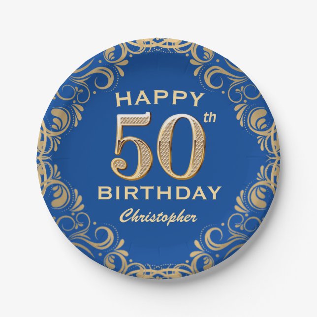 50th Birthday Party Blue and Gold Glitter Frame Paper Plates (Front)