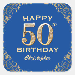 50th Birthday Party Blue and Gold Glitter Frame Square Sticker