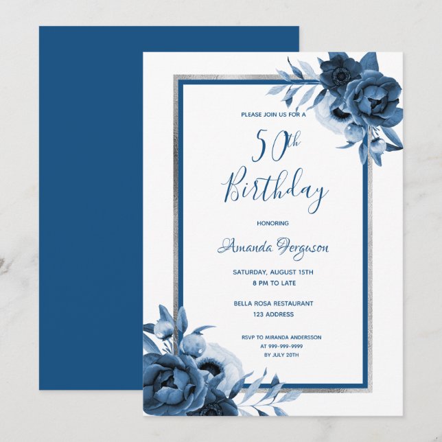 50th birthday party blue florals white silver invitation (Front/Back)