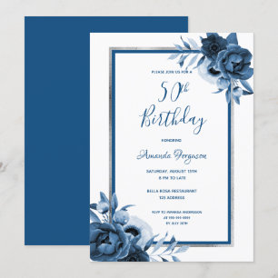 50th birthday party blue florals white silver invitation