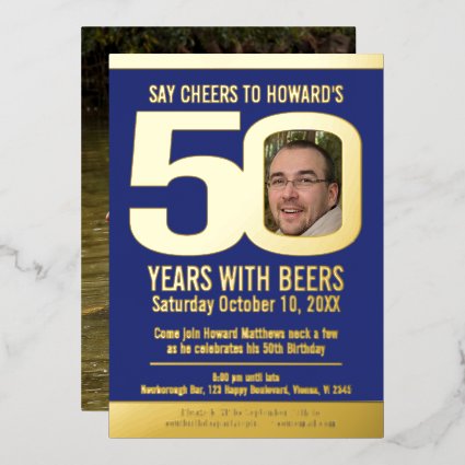 50th Birthday party blue gold foil photo beer  Foil Invitation