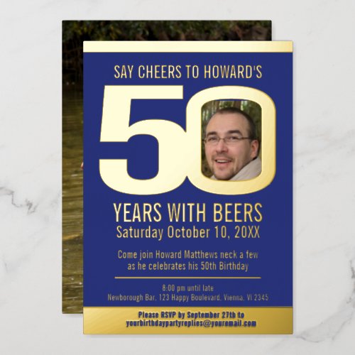 50th Birthday party blue gold foil photo beer  Foil Invitation