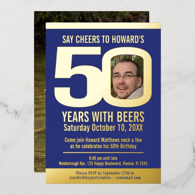 50th Birthday party blue gold foil photo beer  Foil Invitation (Front/Back)