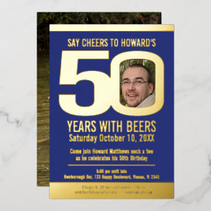 50th Birthday party blue gold foil photo beer  Invitation