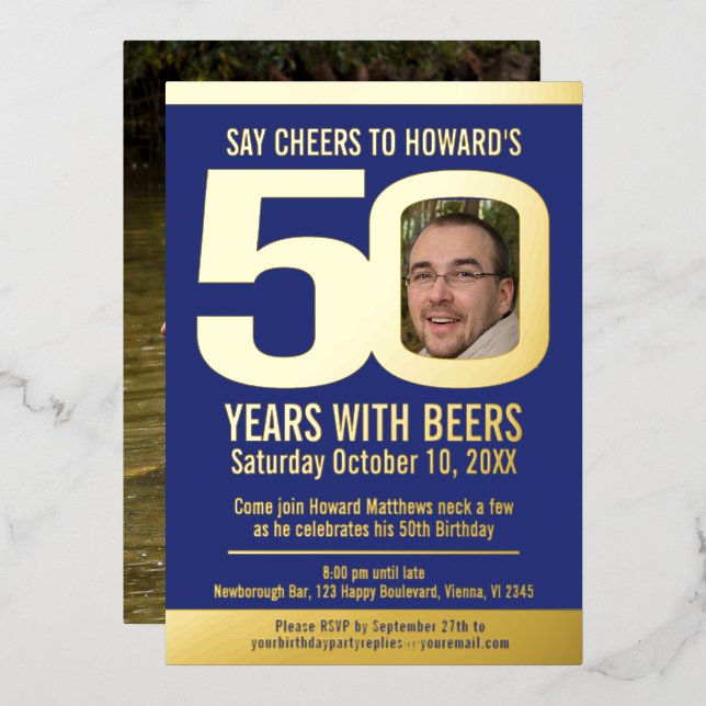 50th Birthday party blue gold foil photo beer  Invitation (Front/Back)