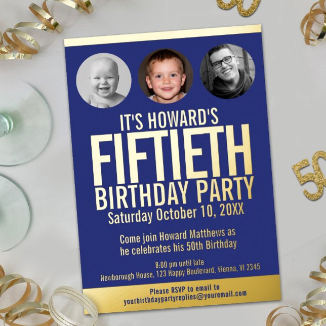 50th Birthday party blue gold foil photo circles Foil Invitation (Creator Uploaded)