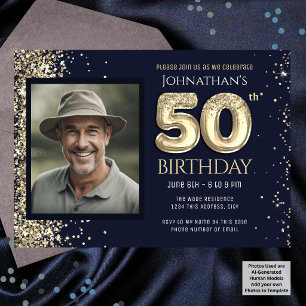 50th Birthday Party Blue Gold Glitter Invitation