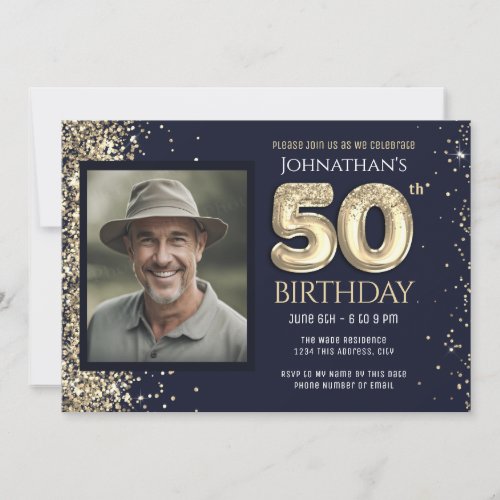 50th Birthday Party Blue Gold Glitter  Invitation