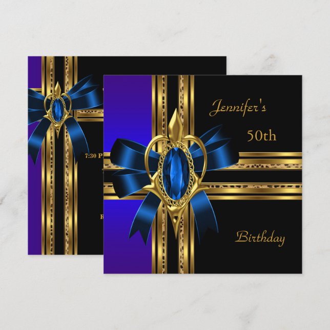 50th Birthday Party Blue Gold Heart Jewel Invitation (Front/Back)