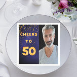 50th birthday party blue gold photo napkins<br><div class="desc">A napkin for guys 50th birthday party. Template for your photo.  Dark blue background and the tex: Cheers to 50.  The text is written with a trendy faux gold balloon script. The dark blue color is uneven.  With golden confetti as decor.</div>