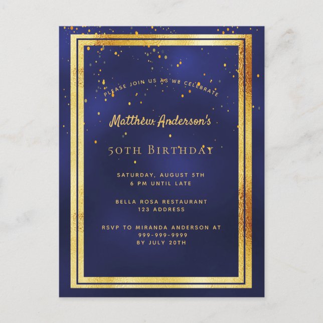 50th birthday party blue gold shiny invitation postcard (Front)