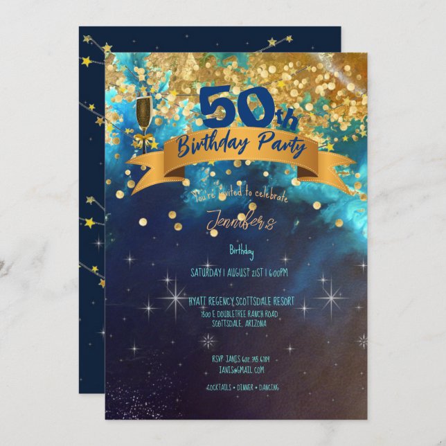 50th Birthday Party Blue Gold Sparkles Classy Invi Invitation (Front/Back)