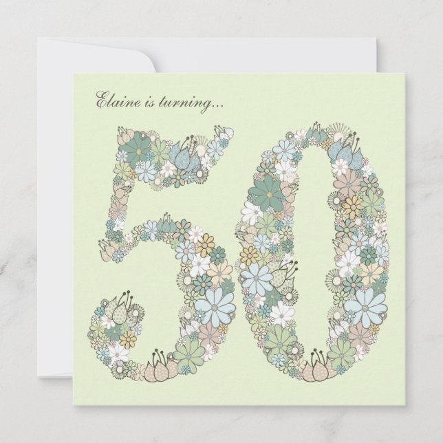50th Birthday Party Blue Green Blooms Invitation (Front)