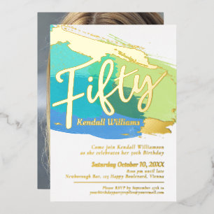 50th Birthday party blue green gold photo abstract Foil Invitation