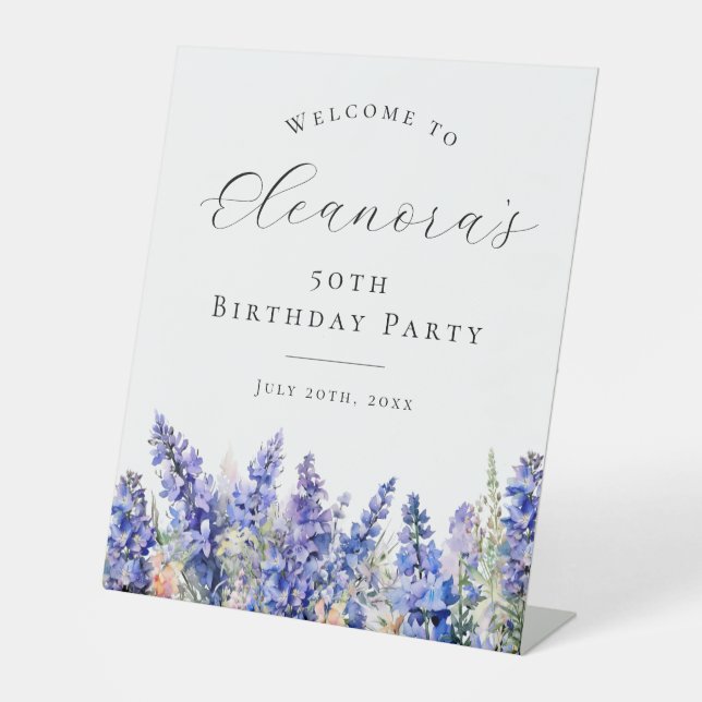 50th Birthday Party Blue July Birth Flower Welcome Pedestal Sign (Front)