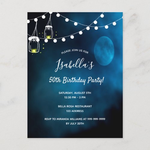 50th Birthday party blue moon light strings Invitation Postcard