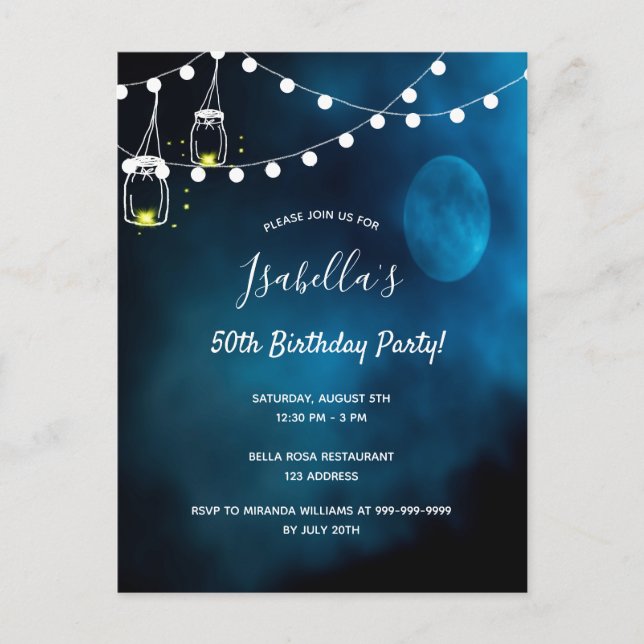 50th Birthday party blue moon light strings Invitation Postcard (Front)