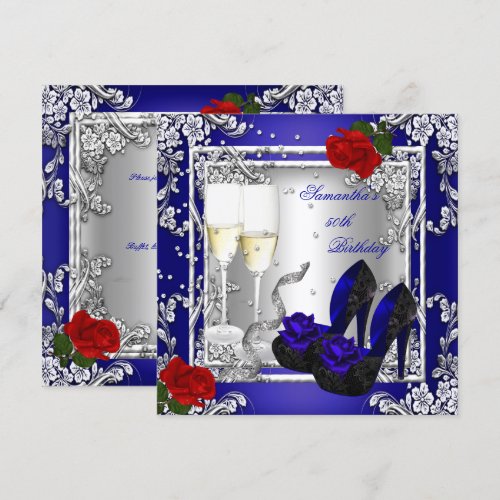 50th Birthday Party Blue Red Rose Silver Announcements