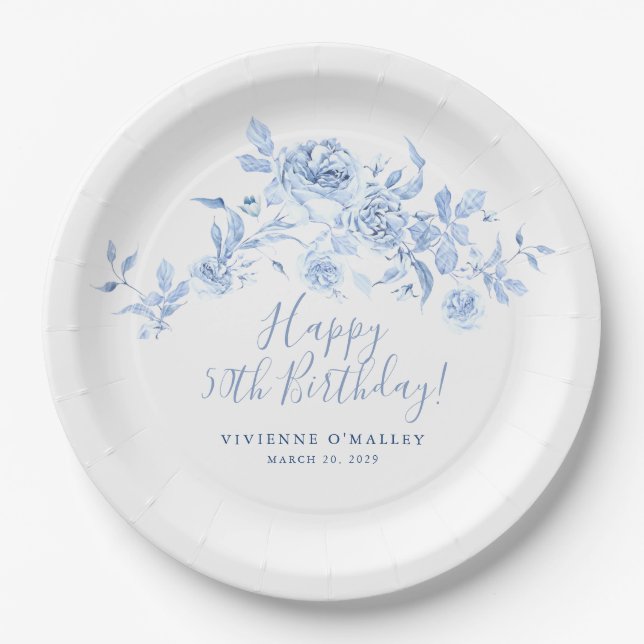 50th Birthday Party Blue Rose Floral Custom Paper Plates (Front)