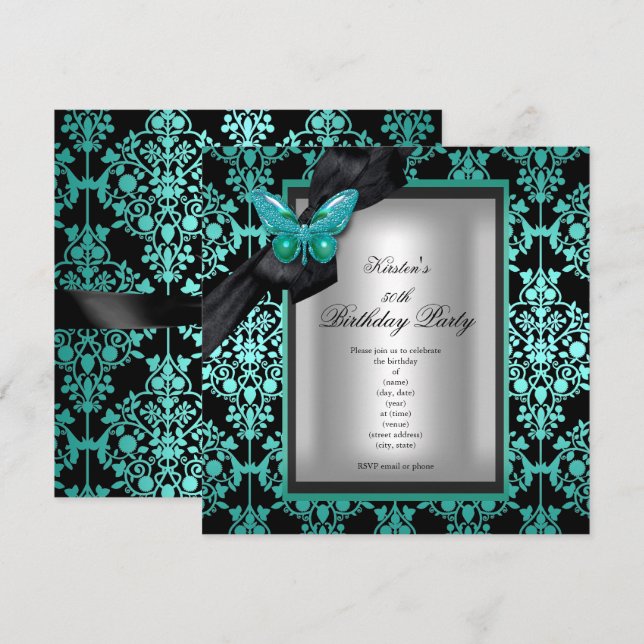 50th Birthday Party Blue Silver Damask Butterfly Invitation (Front/Back)