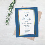 50th birthday party blue white gold invitation postcard<br><div class="desc">On front: A classic blue background with a faux gold and white frame. Simple and elegant! Templates for a name and party details. The name and the text: 50th Birthday are written with a hand lettered style script, blue colored letters. Perfect for a winter or spring birthday party! Back: Classic...</div>