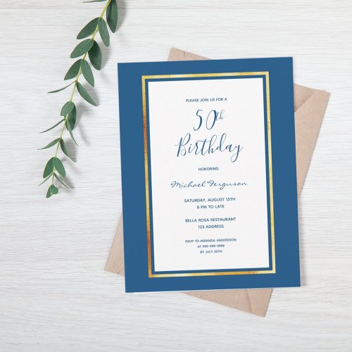 50th birthday party blue white gold invitation postcard