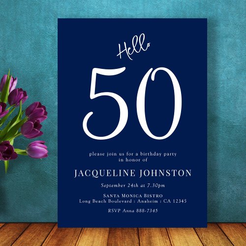 50th Birthday Party Blue White Hello 50 Invitation