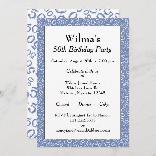 50th Birthday Party BlueWhite Number Pattern Invitation