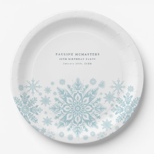 50th Birthday Party Blue White Snowflake Custom Paper Plates