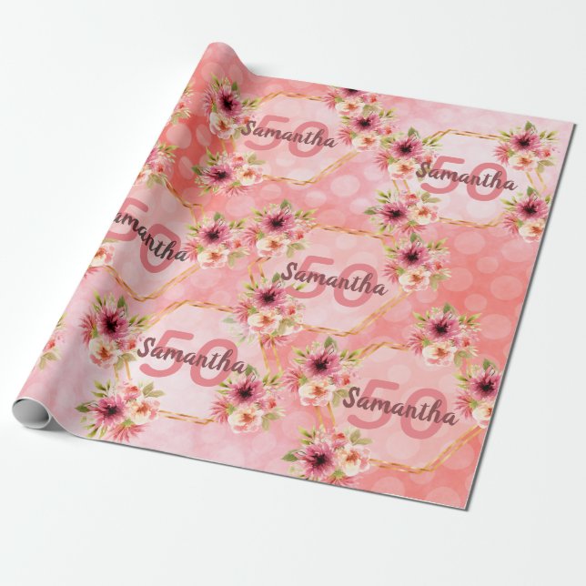 50th birthday party blush pink flowers name wrapping paper (Unrolled)