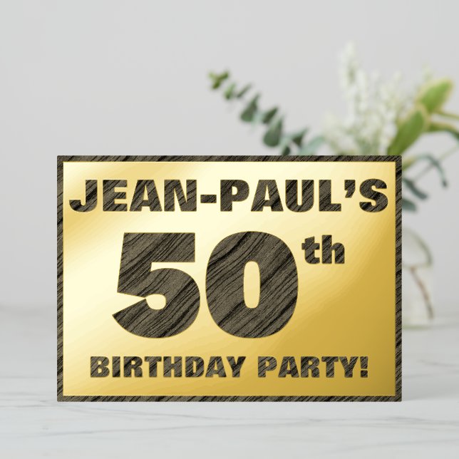 50th Birthday Party — Bold, Faux Wood Grain Text Foil Invitation (Standing Front)