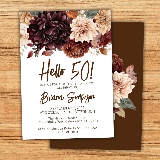 50th Birthday Party Brown Beige Flowers Floral Invitation (Creator Uploaded)