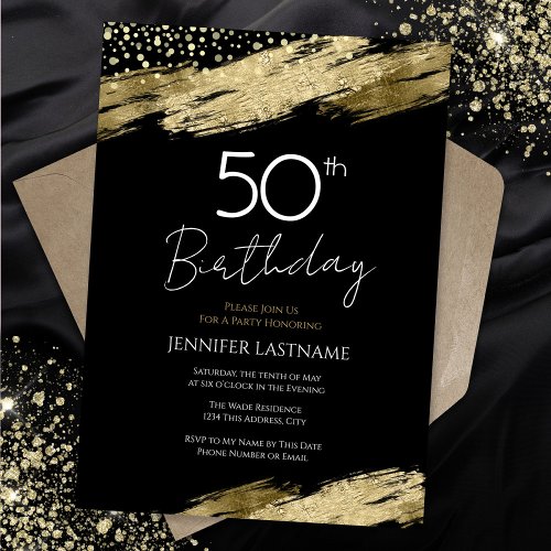 50th Birthday Party Budget Gold Black Invitation