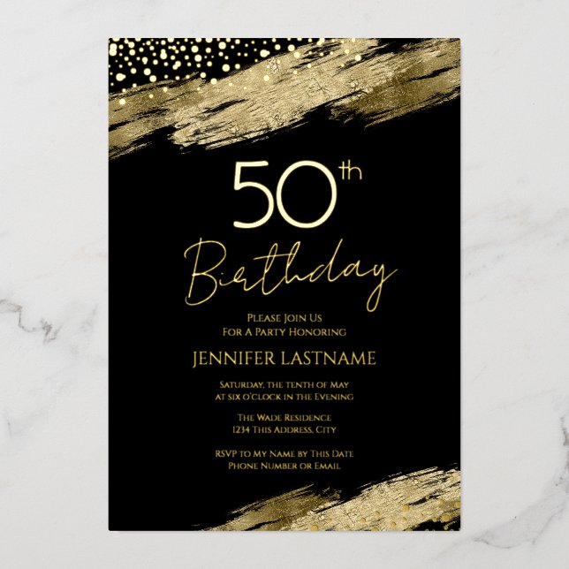 50th Birthday Party Budget Gold Black Invitation F Foil Invitation (Front)