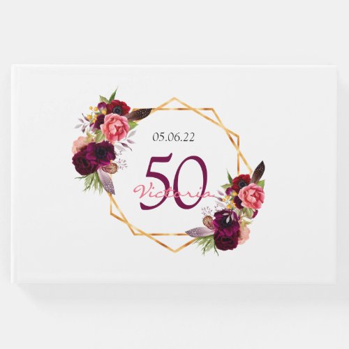 50th birthday party burgundy floral geometric guest book