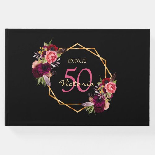 50th birthday party burgundy florals geometric guest book
