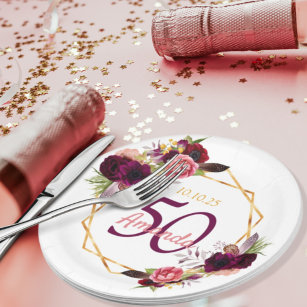 50th birthday party burgundy florals gold white paper plates
