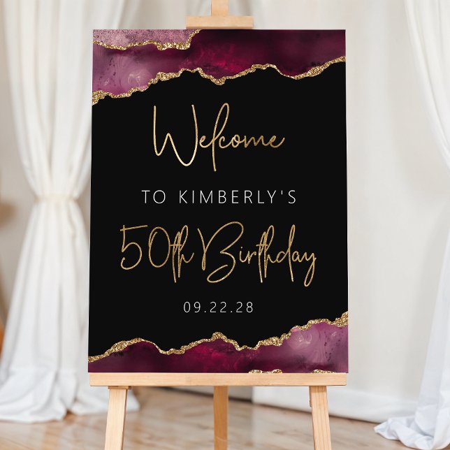 50th Birthday Party Burgundy Gold Agate Welcome Foam Board (Creator Uploaded)